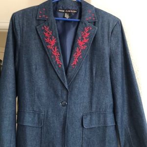 Denim jacket with red embroidery and embellish trim